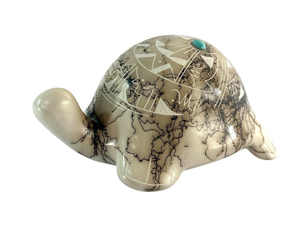 Signed Cherokee Horsehair Pottery Turtle Turquoise Accent 6.5”